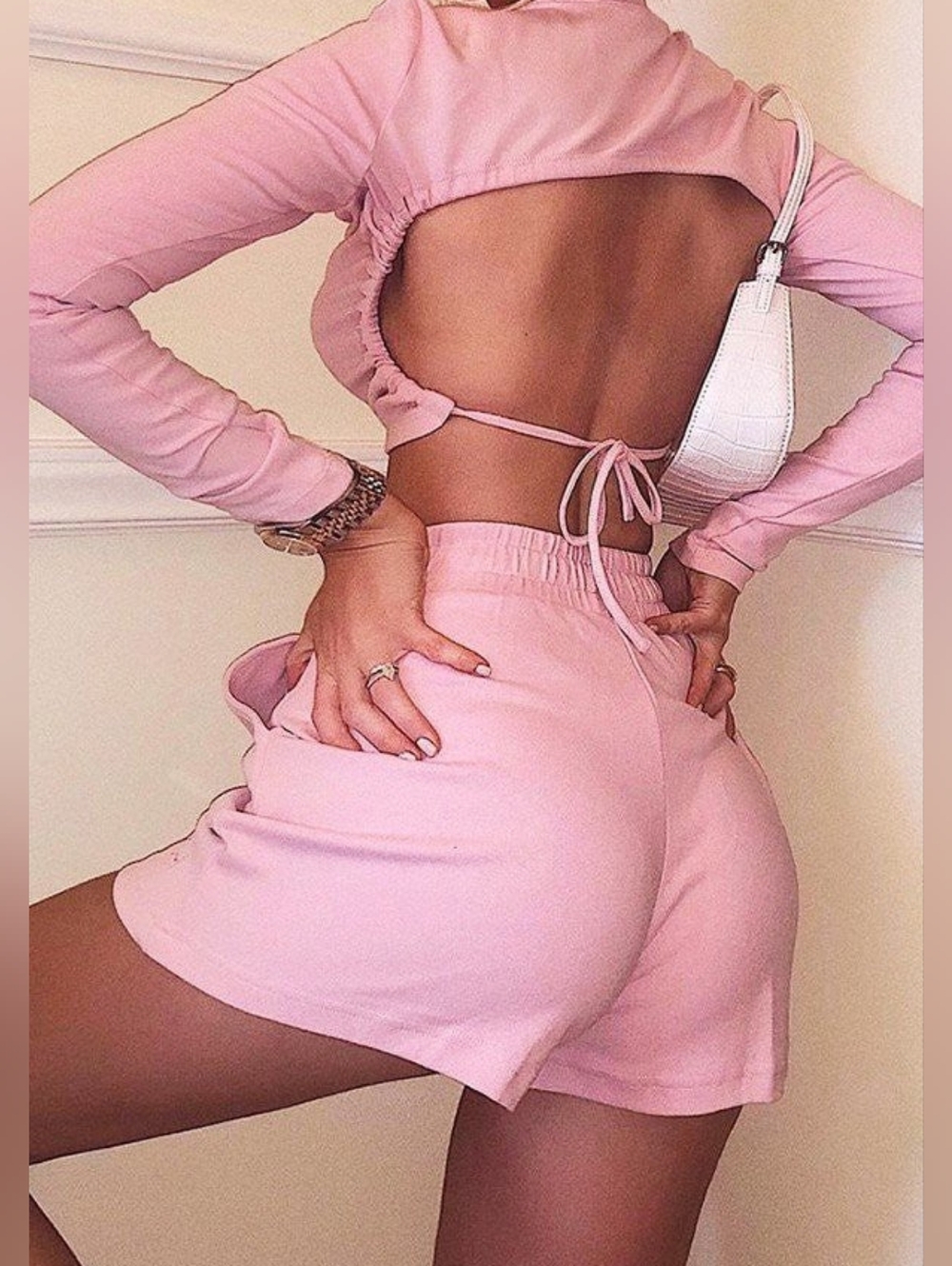 Women’s Pink High-Waist Lounge Shorts + crop top with open back, size S